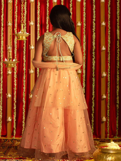 Vastramay Girls' Mint Green Zari Embroidery Worked Crop Top And Net Lehenga Set